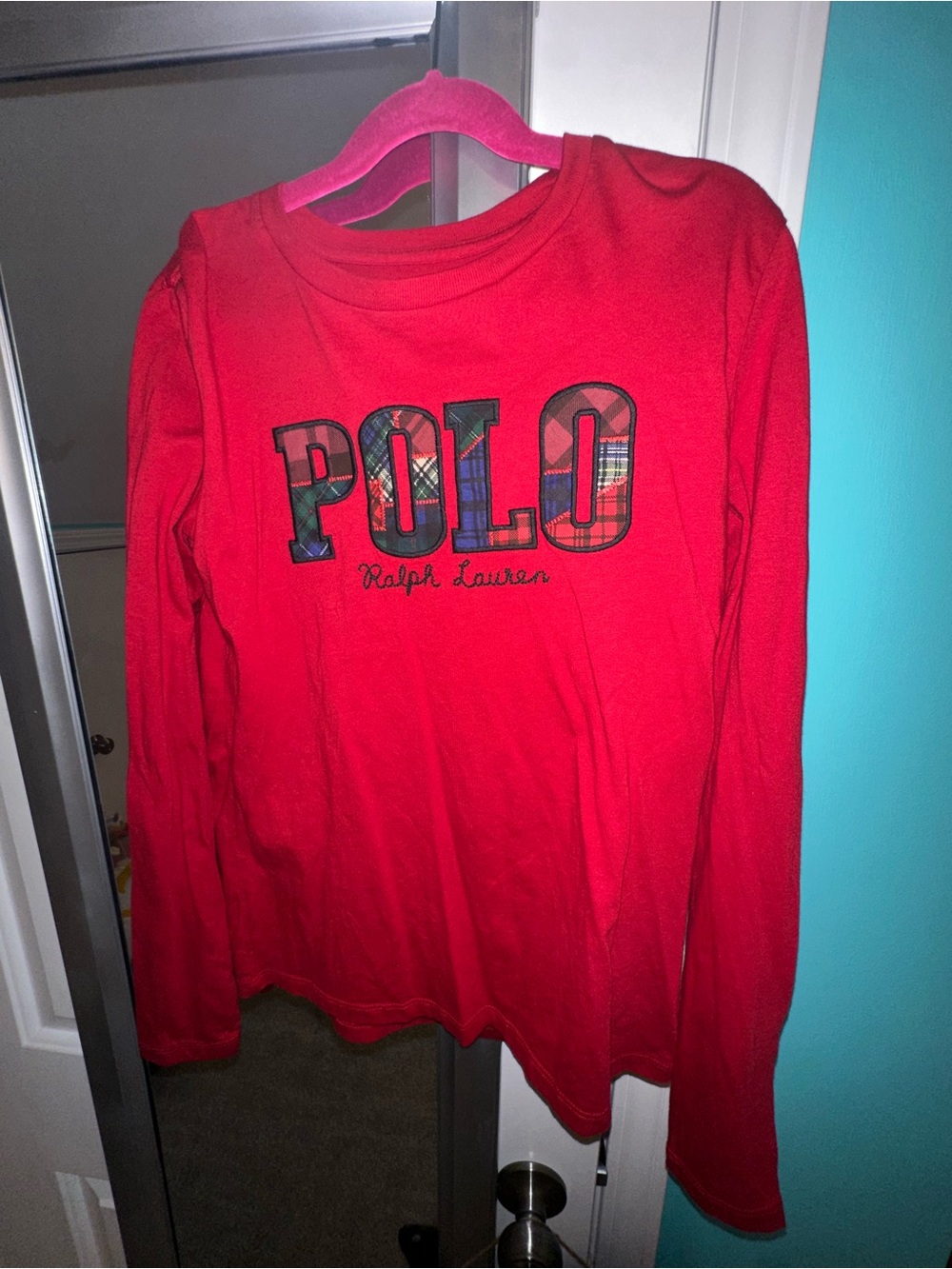Ralph Lauren Red Long-Sleeve POLO Tartan Logo Tee
